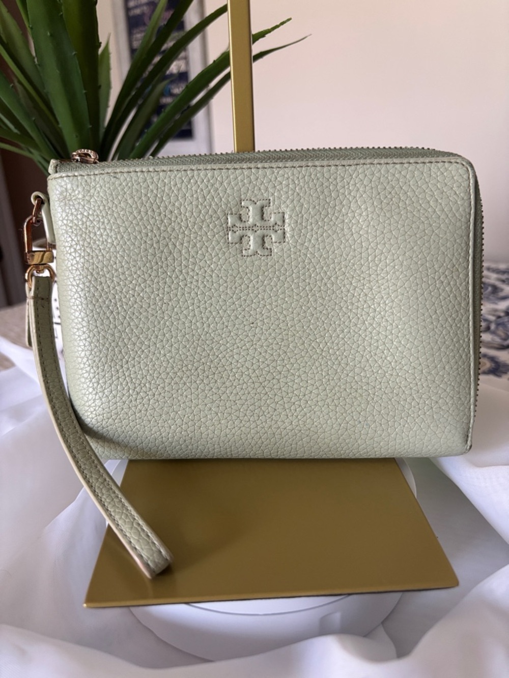 Tory Burch Sage Green Pebbled Leather Wristlet